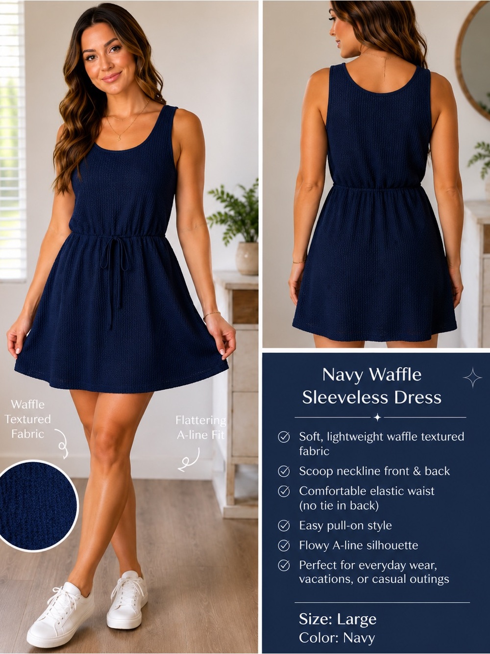 Navy Waffle Knit Sleeveless Mini Dress